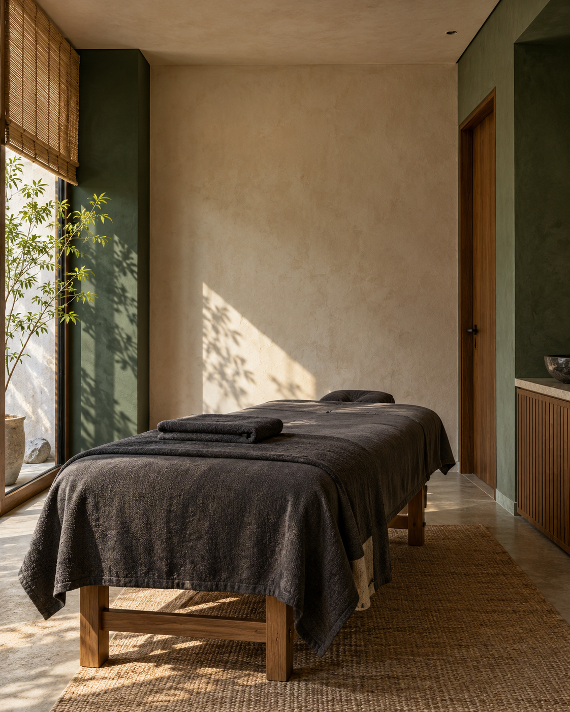Conceptual editorial image of a calm massage treatment room
